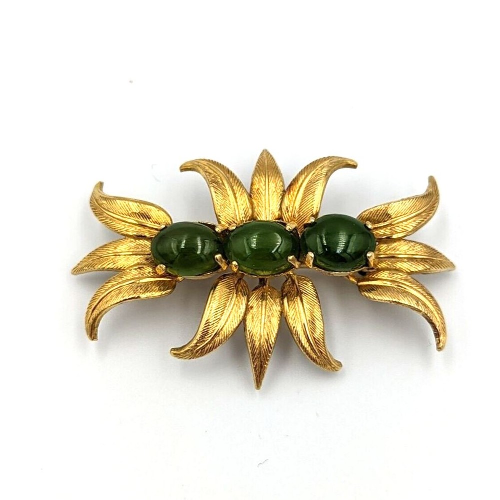 Vintage 12K Yellow Gold Filled Jade/Nephrite Cabochons Floral Brooch Pin